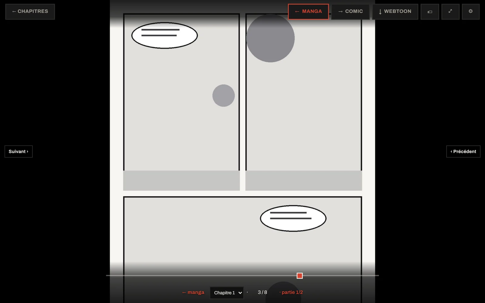 Le lecteur MangaCenter affichant une page, avec les modes RTL, LTR et Vertical.