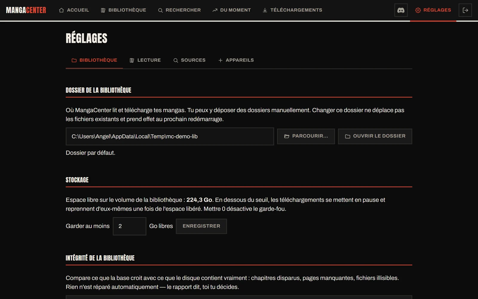 Les réglages de MangaCenter, organisés en onglets.